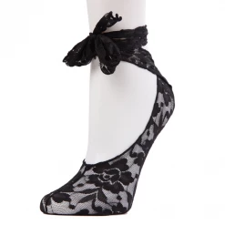 MeMoi ACCESSORIES Floral Lace Ankle-Tie Sock - Black