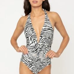 Marina West Zebra Print Halter Swimsuit