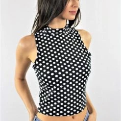 Thread Fix Black & White Polka Dot Sleeveless Mock Turtleneck Top APPAREL