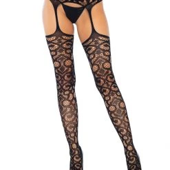 Leg Avenue Scroll Net Lace Stockings With Attached Garterbelt HOSIERY