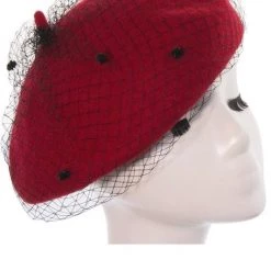 Too Too Hat ACCESSORIES Red Wool Beret With Dotted Netting