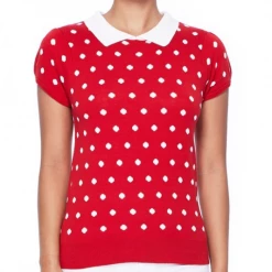 MAK Red & White Polka Dot Short Sleeve Sweater - Size L
