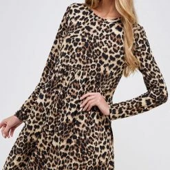 Watermelon Fashion Leopard Print Long Sleeve Swing Dress