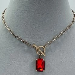 Clear Color Accessories Red Jewel Pendant Toggle Necklace In Gold