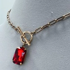 Clear Color Accessories Red Jewel Pendant Toggle Necklace In Gold