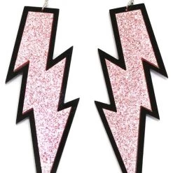 Girly Accessories Glitter Pink & Black Acrylic Lightning Bolt Dangle Earrings