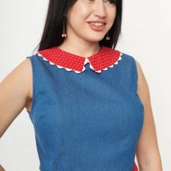 Faux Denim And Dot Collar Crop Top By Unique Vintage NEW ARRIVALS