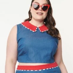 Faux Denim And Dot Collar Crop Top By Unique Vintage NEW ARRIVALS