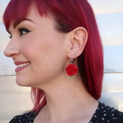 Classic Hardware Red Rose With Leaves Dangle Earrings