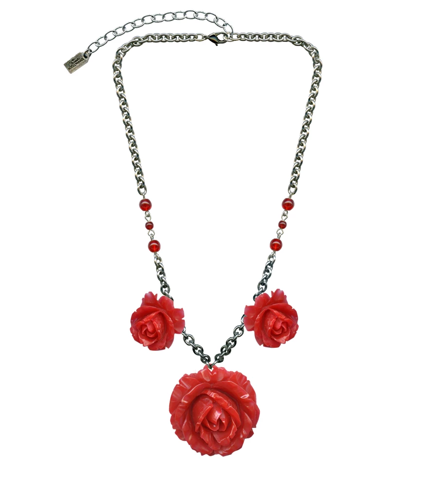 Classic Hardware Triple Rose Retrolite Necklace In Red 3 Classic Hardware Triple Rose Retrolite Necklace In Red