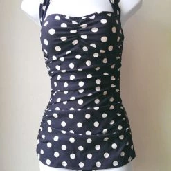 Esther Williams Classic One-Piece Sheath In Black With Cream Polka Dots SWIMWEAR