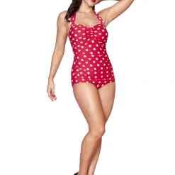 Esther Williams APPAREL Classic One-Piece Swimsuit In Red With Cream Polka Dots - Size 4