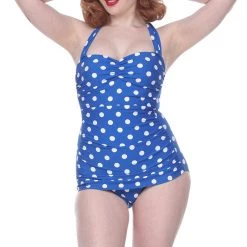 Esther Williams Classic One-Piece Swimsuit In Blue With White Polka Dots - Size 4