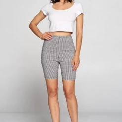 Chocolate USA Black & White Check Plaid Stretch Knit Mid-Length Shorts APPAREL