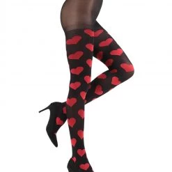 MeMoi Heart Pattern Opaque Tights - Black & Red HOSIERY