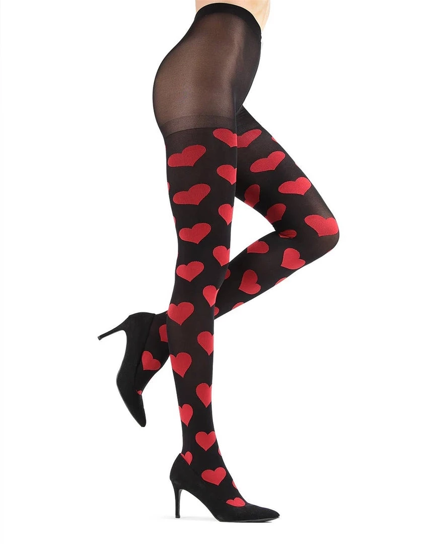 MeMoi Heart Pattern Opaque Tights - Black & Red HOSIERY 3 MeMoi Heart Pattern Opaque Tights - Black & Red HOSIERY