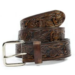 Mascorro Rose Pattern Brown Leather Belt ACCESSORIES