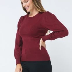 Cielo APPAREL Balloon Sleeve Crew Neck Sweater In Burgundy