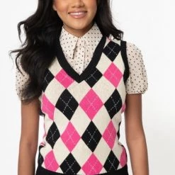 APPAREL Brando Pink Argyle Sweater Vest By Unique Vintage - Size XS/S