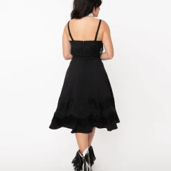 Black Fringe Girlie Dress By Unique Vintage NEW ARRIVALS