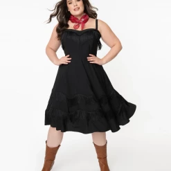 Black Fringe Girlie Dress By Unique Vintage NEW ARRIVALS