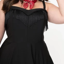 Black Fringe Girlie Dress By Unique Vintage NEW ARRIVALS