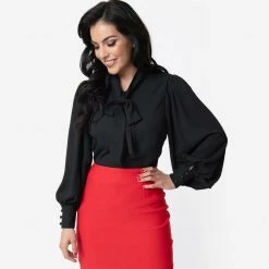 Gwen Tie-Neck Blouse In Black By Unique Vintage