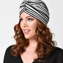 Black & White Striped Turban From Unique Vintage