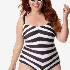 Barbie X Unique Vintage Black & White Chevron Stripe Swimsuit