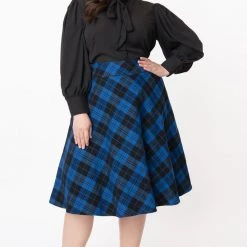 Vivien Swing Skirt In Blue & Black Plaid By Unique Vintage APPAREL