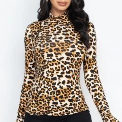 Capella Leopard Print Mock Turtleneck Long Sleeve Top