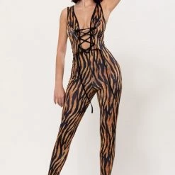 Fashion Wildcat APPAREL Tiger Print Lace-up Catsuit