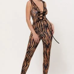 Fashion Wildcat APPAREL Tiger Print Lace-up Catsuit
