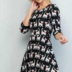 LA Soul Cat Print 3/4 Sleeve Sweater Dress