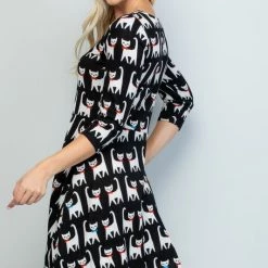 LA Soul Cat Print 3/4 Sleeve Sweater Dress