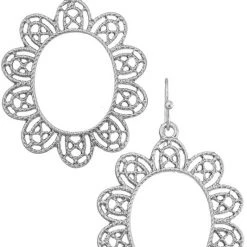 Girly Accessories Silver Metal Flower Motif Dangle Hoop Earrings