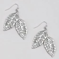 Fame Accessories Silver Leaves Dangle Earrings