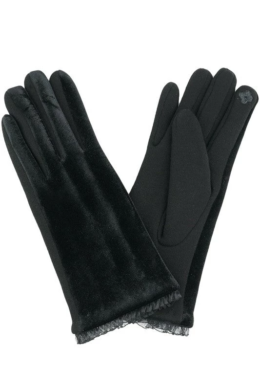 Girly Accessories Black Velvet Gloves With Ruffle Trim 3 Girly Accessories Black Velvet Gloves With Ruffle Trim