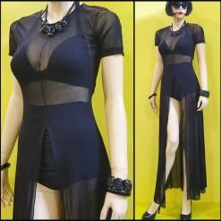 Leg Avenue Black Mesh Slit Front Long Dress APPAREL