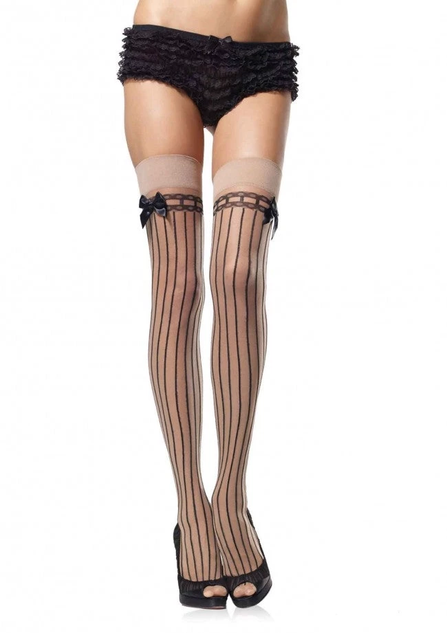 Naked City Clothing Sheer Pinstriped Stockings In Nude & Black With Satin Bow HOSIERY 3 Naked City Clothing Sheer Pinstriped Stockings In Nude & Black With Satin Bow HOSIERY