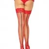 Leg Avenue Stay Up Contrast Backseam Fishnet Lace Top Thigh High - Red HOSIERY