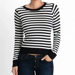 MAK APPAREL Black & White Striped Crew Neck Sweater