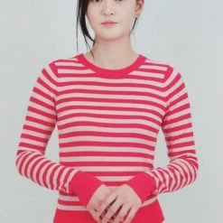 Mak Sweaters Pink Striped Crew Neck Sweater