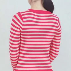 Mak Sweaters Pink Striped Crew Neck Sweater