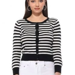 Mak Sweaters Black & White Striped Crew Neck Cardigan APPAREL