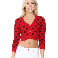 MAK Red & Black Polka Dot Cropped Cardigan APPAREL