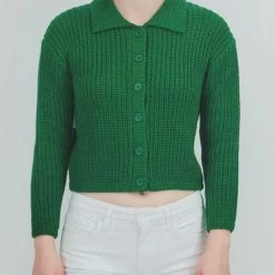 MAK Chunky Knit Collared Cardigan In Green APPAREL