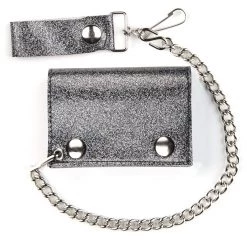 Mascorro NEW ARRIVALS Glitter Vinyl Tri-fold Chain Wallet In Charcoal Grey