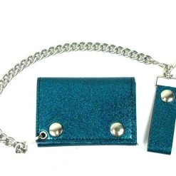 Mascorro Glitter Vinyl Tri-fold Chain Wallet In Cascade Blue