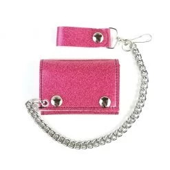 Mascorro ACCESSORIES Glitter Vinyl Tri-fold Chain Wallet In Pink